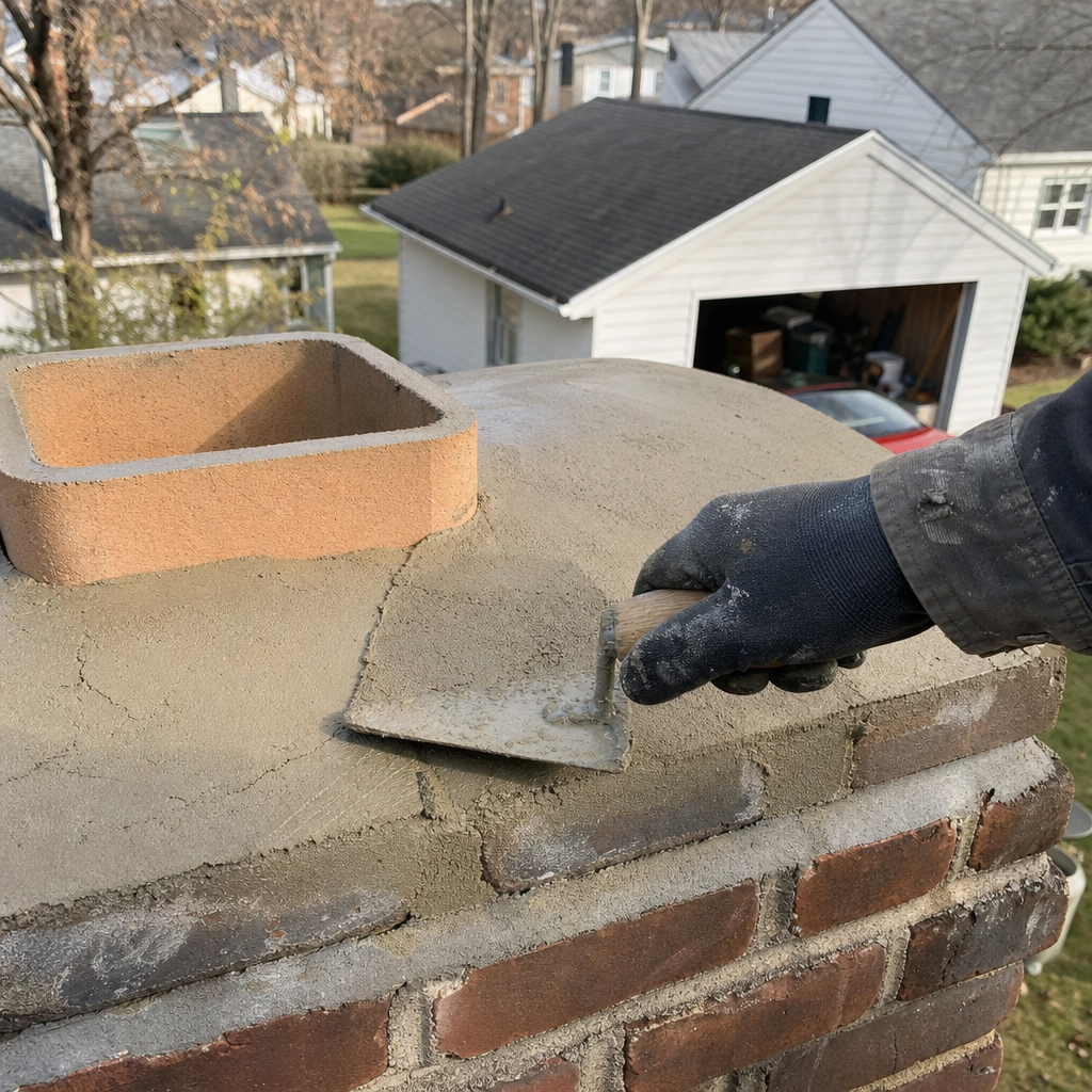 Professional contractor repairing a brick chimney crown with cement in New Haven, CT