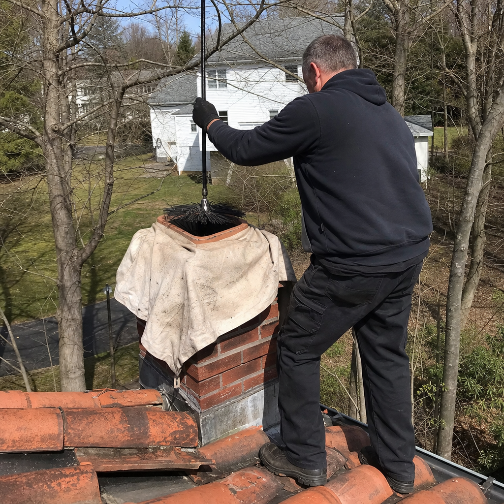Professional chimney sweep cleaning a brick chimney from a roof in New Haven, CT