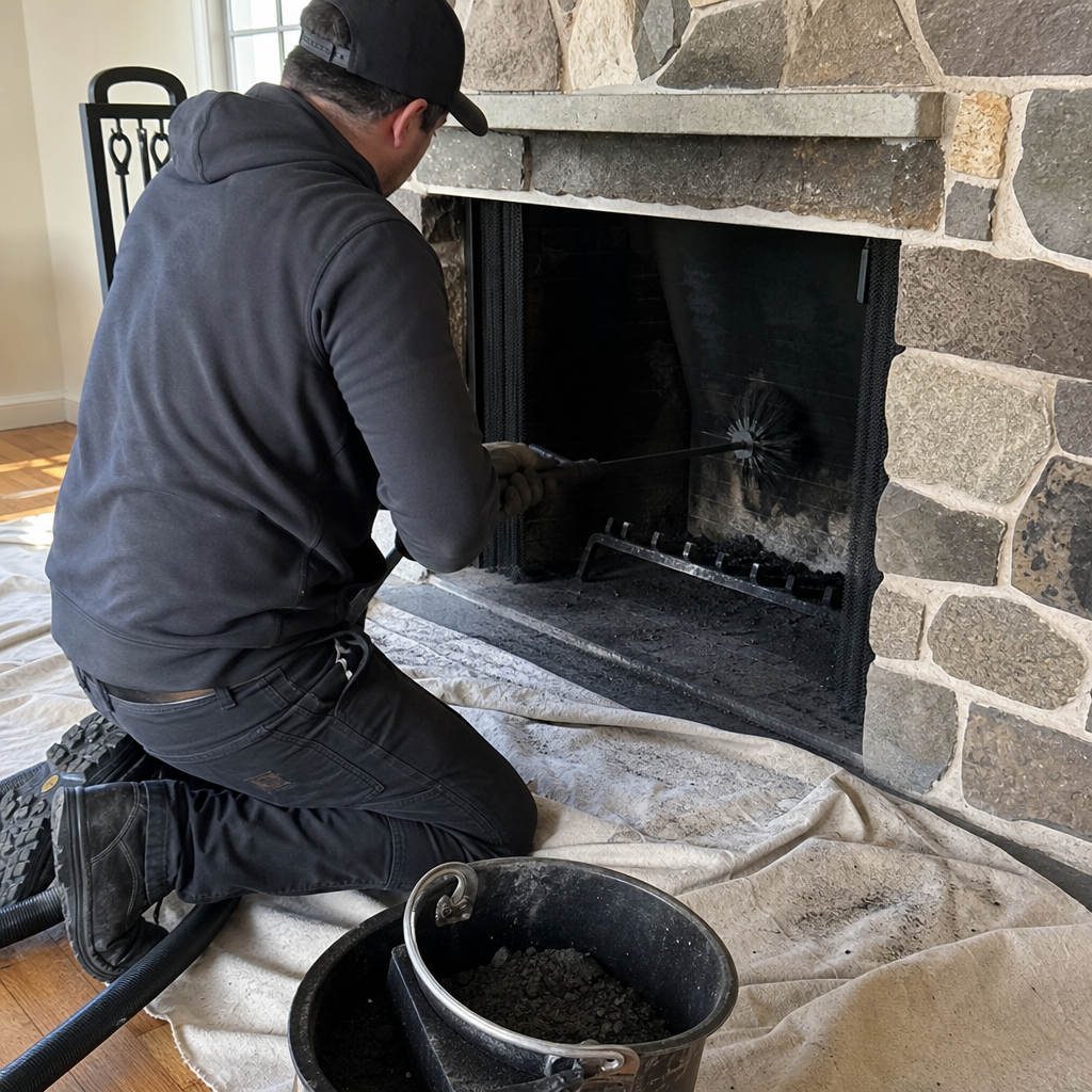 Professional chimney sweep cleaning a stone fireplace with a scrub brush in New Haven, CT