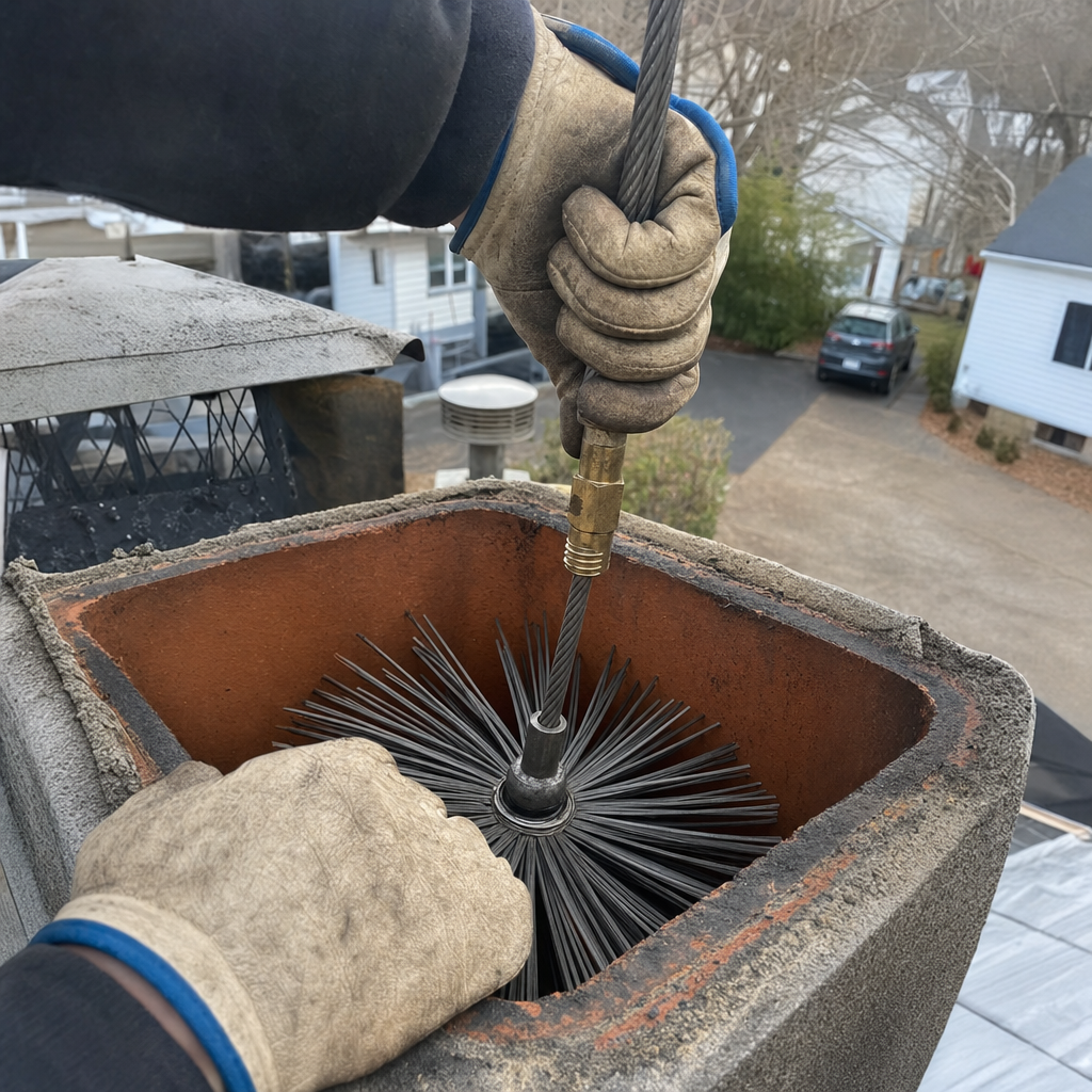 Professional chimney sweep using a wire brush to clean a chimney flue