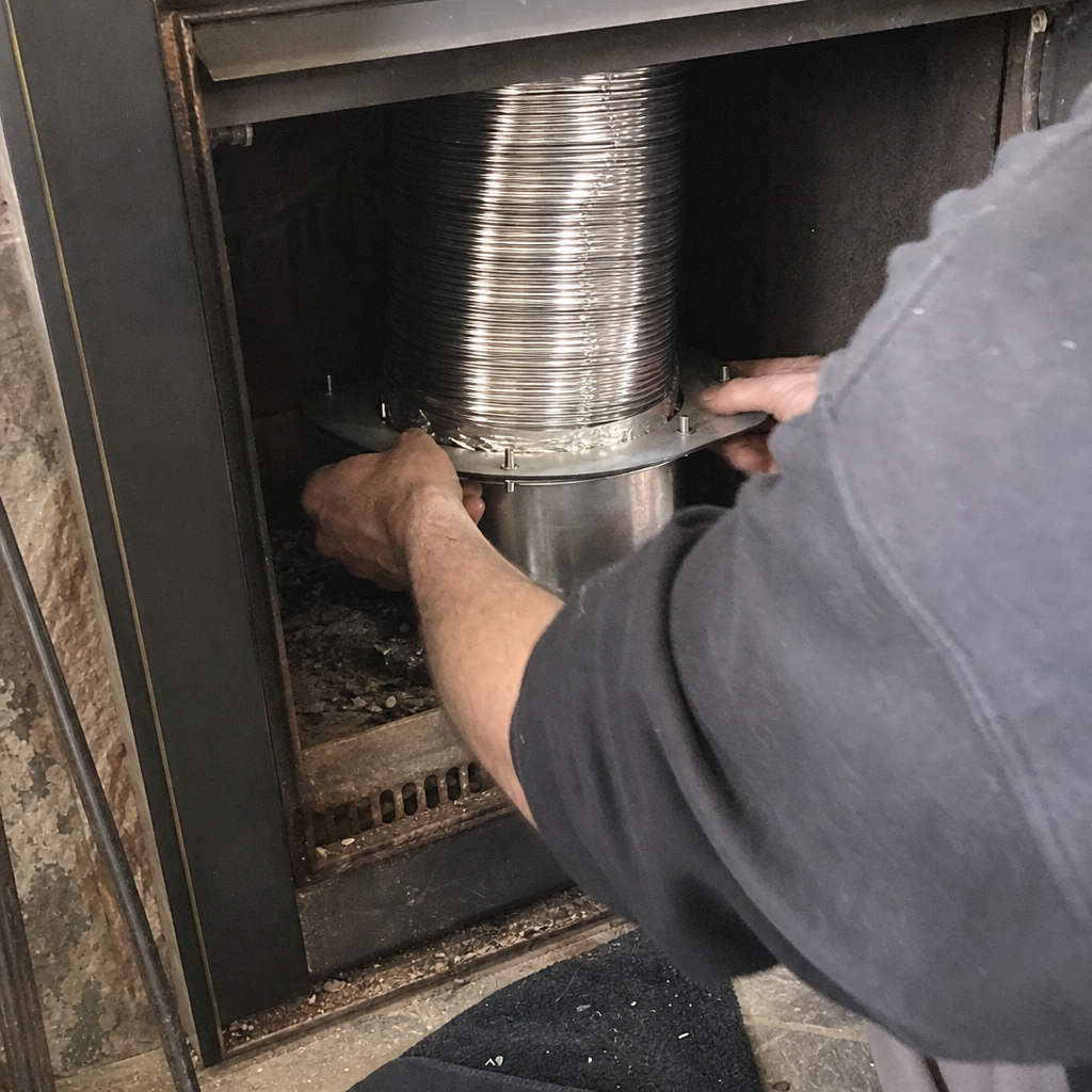 Technician installing stainless steel chimney liner into a fireplace insert in New Haven, CT
