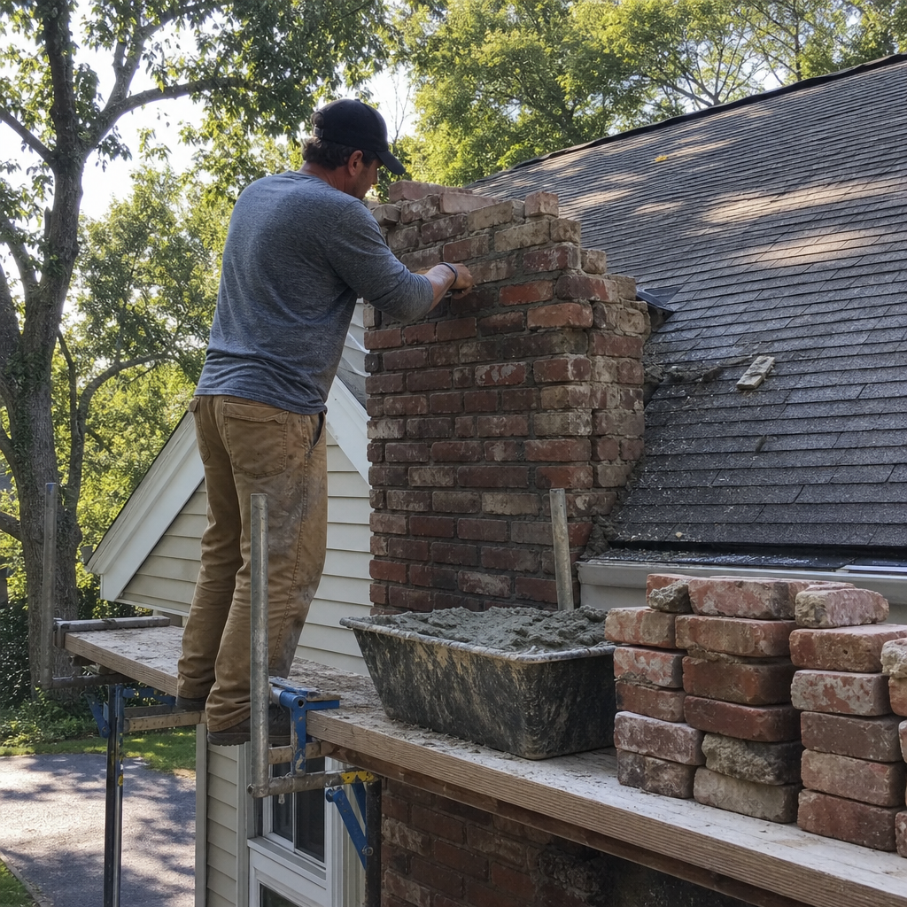 Mason rebuilding a residential brick chimney on scaffolding in New Haven, CT