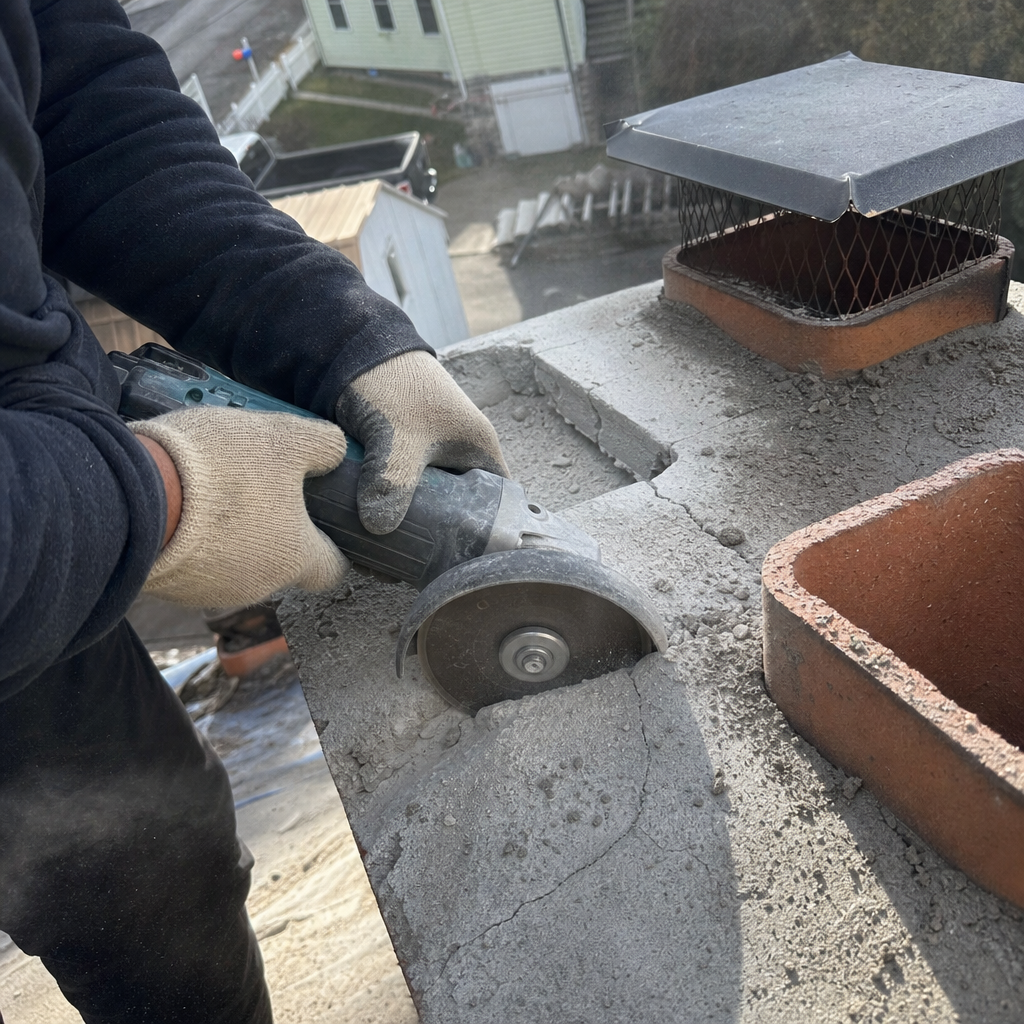 Worker repairing a chimney crown with an angle grinder in New Haven, CT