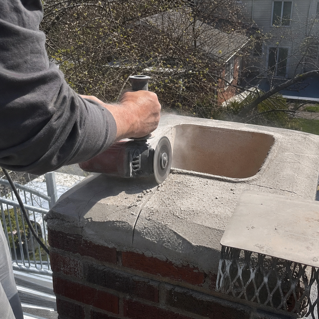 Technician using an angle grinder to repair a concrete chimney cap in New Haven, CT