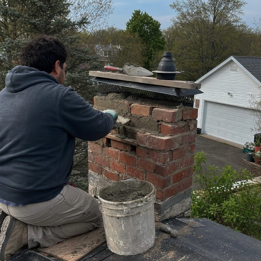 Professional mason performing expert brick chimney repair work on a rooftop