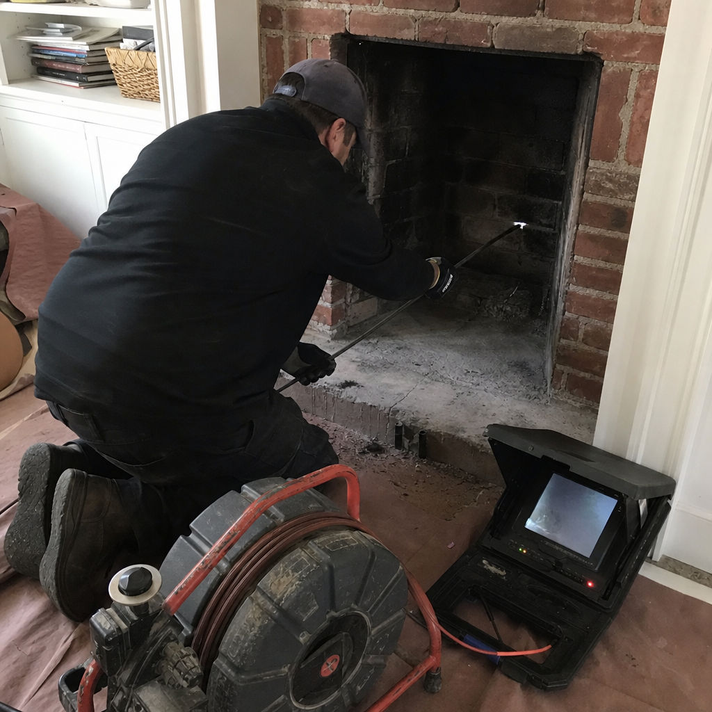 Professional technician performing a chimney and fireplace camera inspection