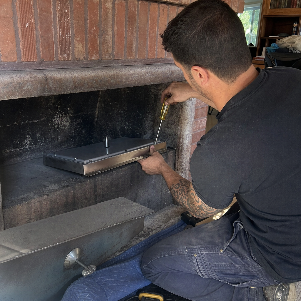 Professional technician installing a custom fireplace insert during home maintenance service
