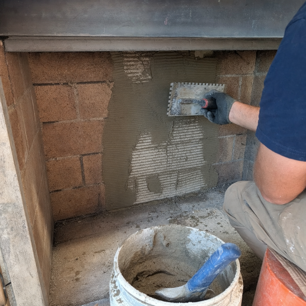 Professional applying mortar to fireplace interior wall with notched trowel